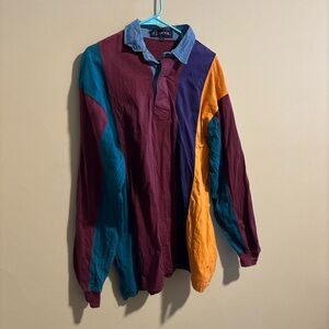 Vintage J.G. Hook long sleeve colorful colorblock rugby shirt with denim collar